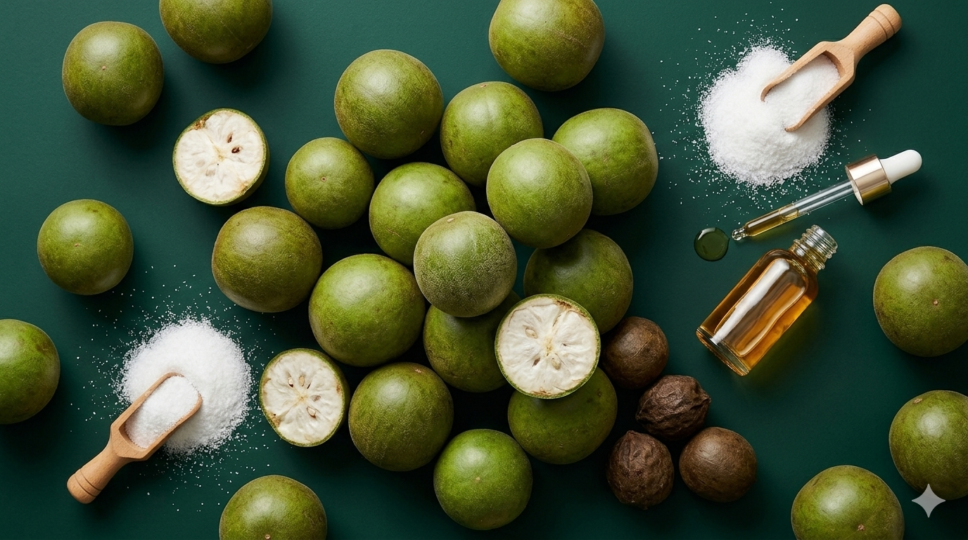 Fresh monk fruit beside monk fruit sweetener powder and liquid extract